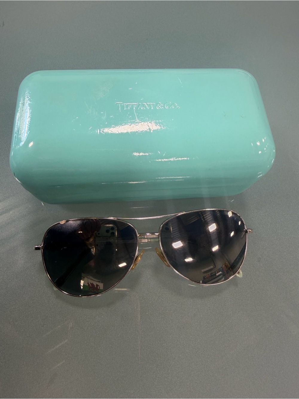 Tiffany & Co. Silver Aviator Sunglasses with Tiffany Blue Case